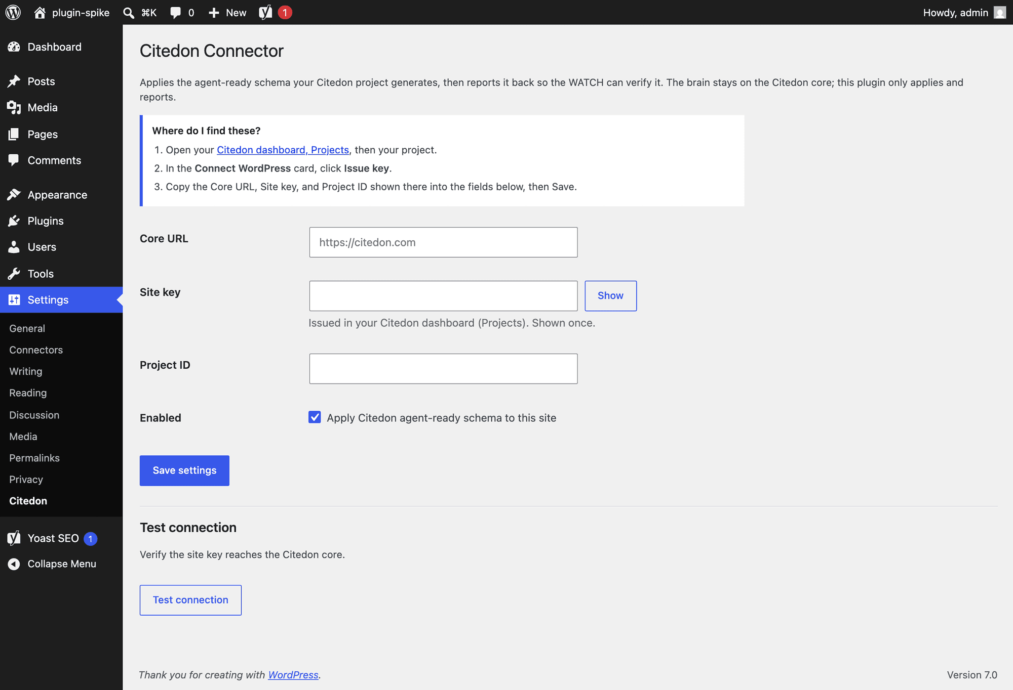 The WordPress Settings, Citedon screen with fields for Core URL, Site key, and Project ID, and a Test connection button.
