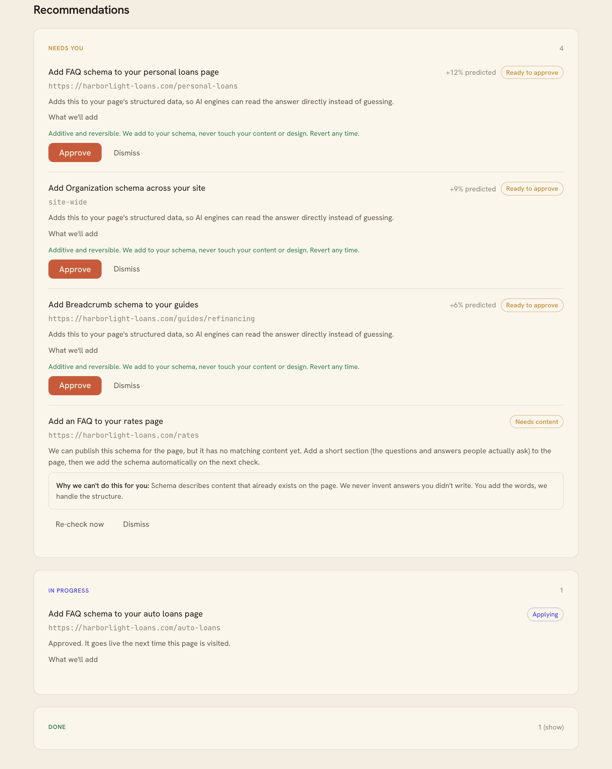 The dashboard Recommendations list, grouped into Needs you, In progress, and Done, with cards showing the predicted lift and Approve and Dismiss buttons.